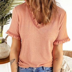Pink Solid Textured Frill Short Sleeve